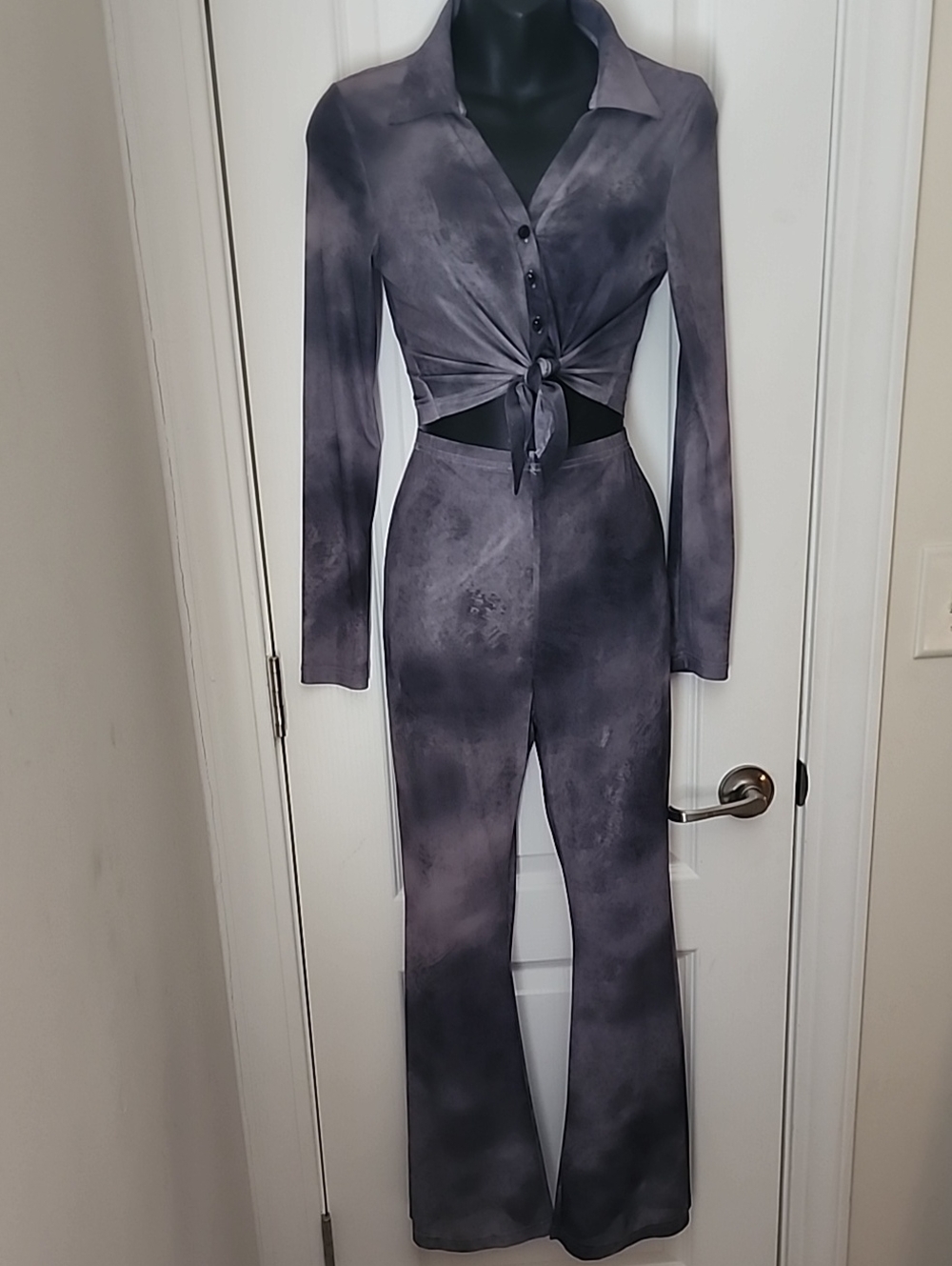 Tie-Front Long Sleeve Jumpsuit in Slate Gray